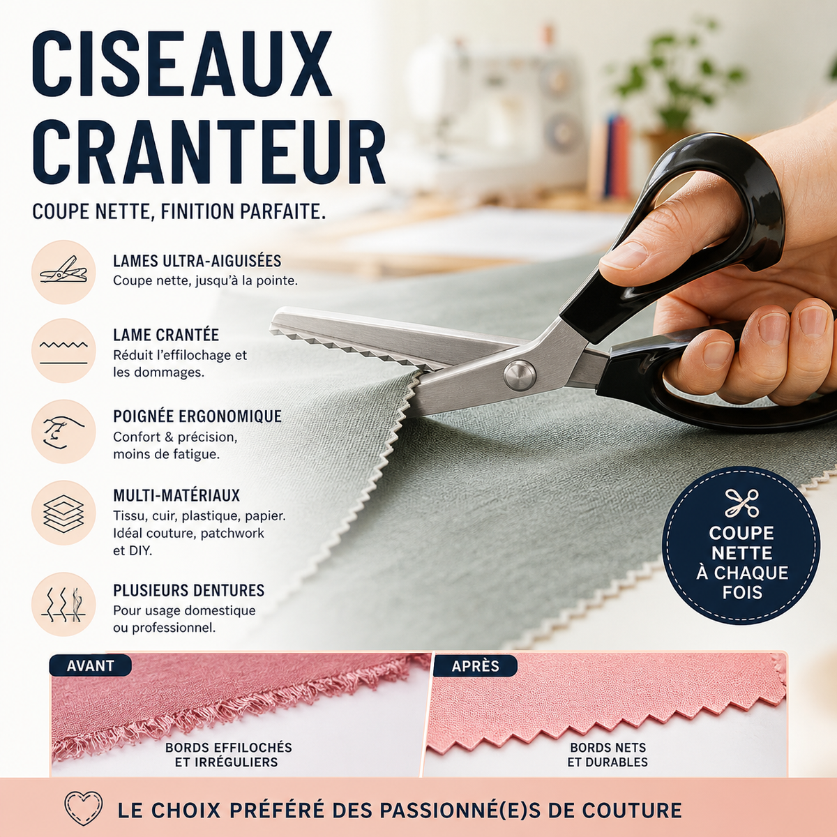 ✂️ 50% DE RÉDUCTION! 🧵 Ciseaux zig-zag inox – Lames dentelées & anti-effilochage ✨