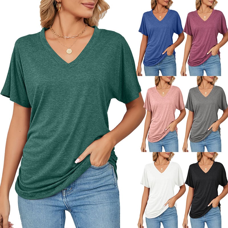 💕Soldes d'été🌷Tops pour dames à col en V, couleur unie, amples(🔥50 % de réduction)