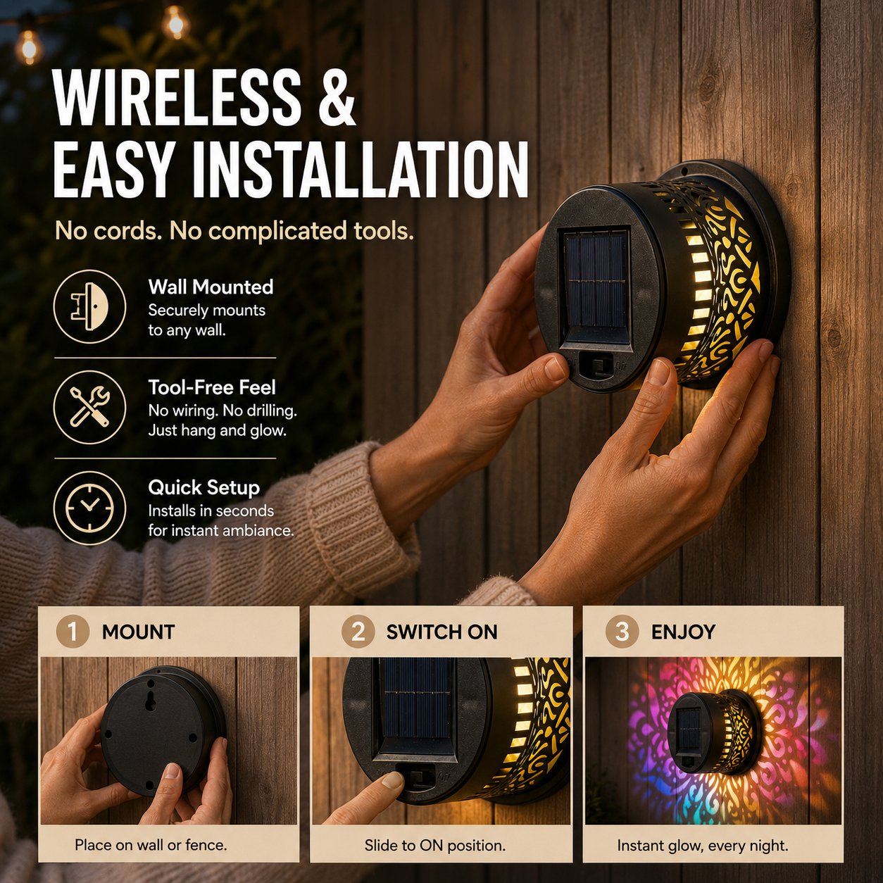 🌞 50 % DE RÉDUCTION MAINTENANT ! 🌀 Lampe solaire mandala – Projection de motifs époustouflants, design 2 en 1 pour sol et mur, étanche IP65, allumage/extinction automatique 🌿
