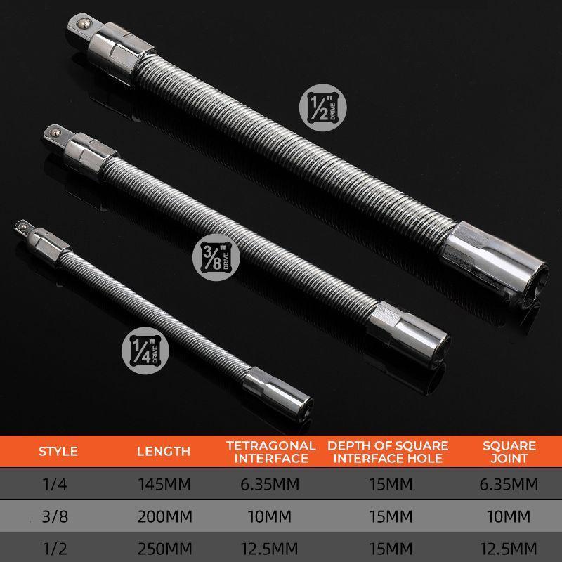 🔩 50% DE RÉDUCTION ⚙️ Barre d'extension flexible pour clé à cliquet – Chrome-vanadium, 3 tailles (1/4", 3/8", 1/2") – Accès aux angles difficiles, verrouillage à bille – idéal pour mécanique ou bricolage 🛠️