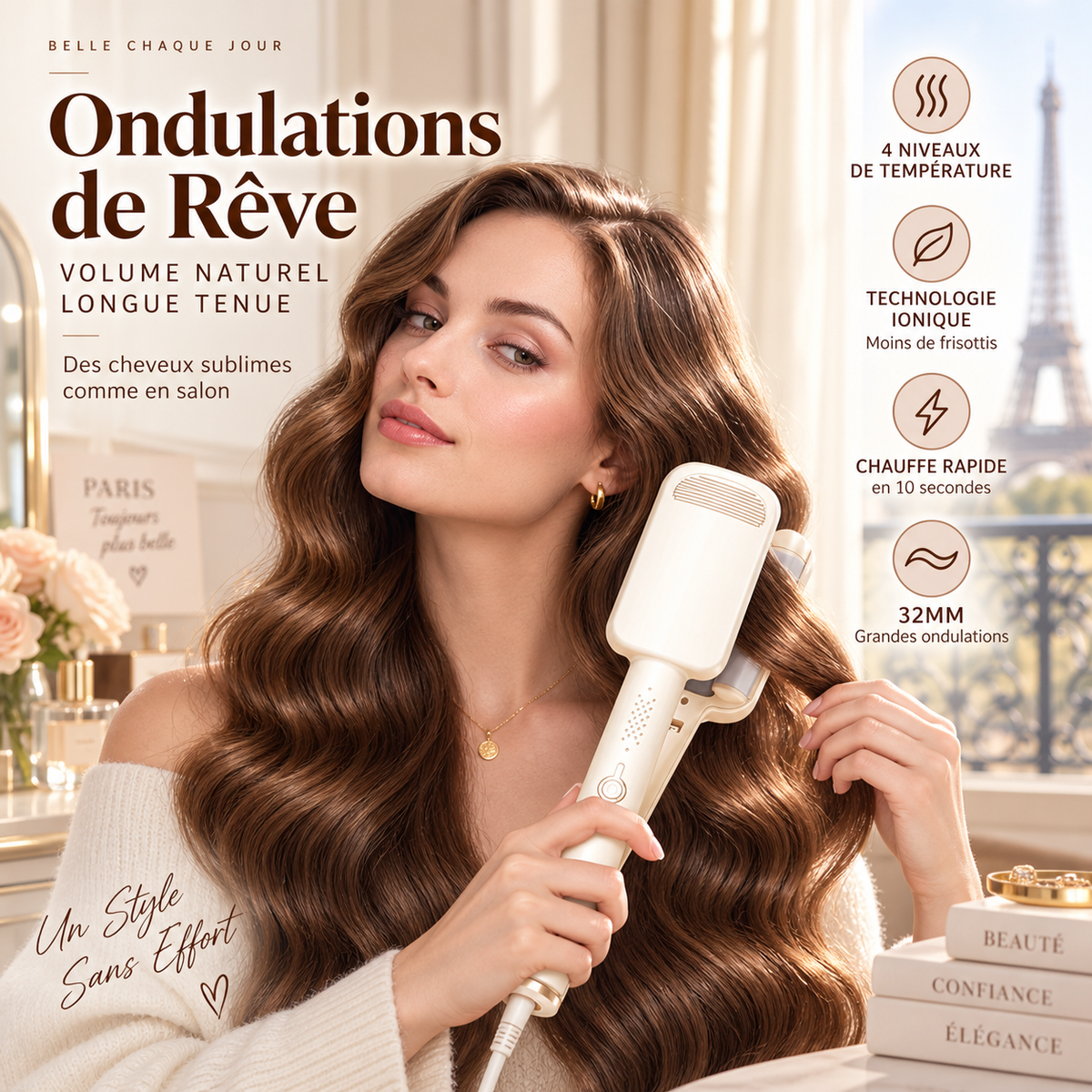 🥳💞 +48 000 vendues🔥💁‍♀️Fer à Boucler Ondulant 32 mm – Ion Négatif & Chauffe Rapide 10s, 4 Températures 160-220°C, Extinction Auto 60 min for des Ondulations Volume 🌀
