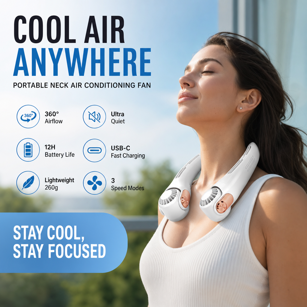 🥳 2026 EN VEDETTE 🥳 💞 50 000+ VENDUS ! 🍃💨 50 % DE RÉDUCTION ! Ventilateur climatiseur de cou – Ultra‑silencieux, rotation 360°, 3 vitesses. Fraîcheur mains libres, longue autonomie – l’indispensable de l’été ! 😎🌬️