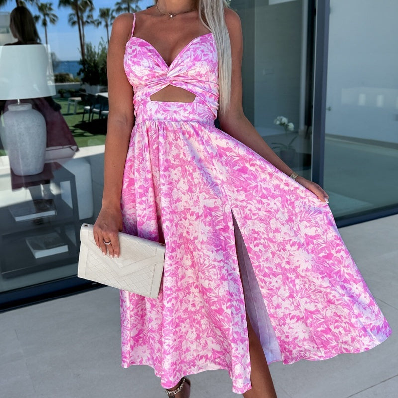 🌸 Soldes -50% sur les nouveautés 💖 Robe rose sans manches à motifs floraux, taille cintrée et décolleté en V