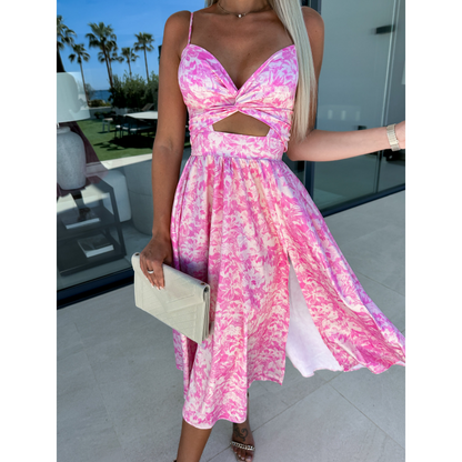 🌸 Soldes -50% sur les nouveautés 💖 Robe rose sans manches à motifs floraux, taille cintrée et décolleté en V