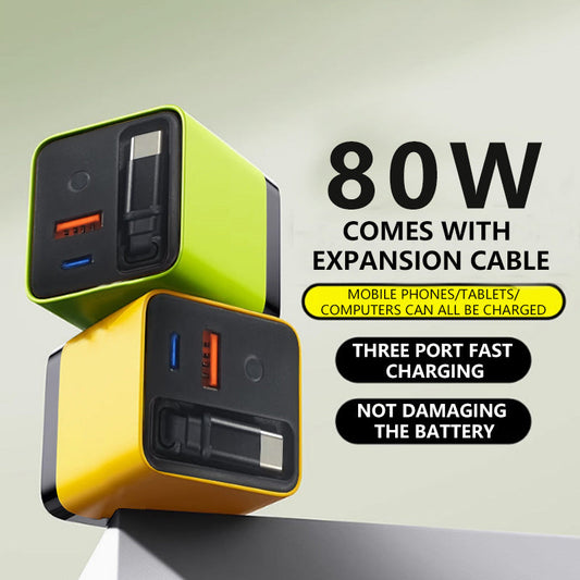 Chargeur 3 en 1 GaN, module de charge rapide évolutif 80W MAX avec câble Type-C et 2 ports USB