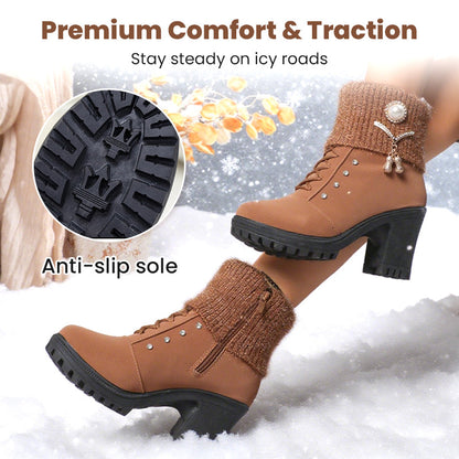 👢 Bottines Femme à Talon Épais - Intérieur Doublé de Fausse Fourrure, Semelle Antidérapante - Style Élégant pour Toutes Occasions