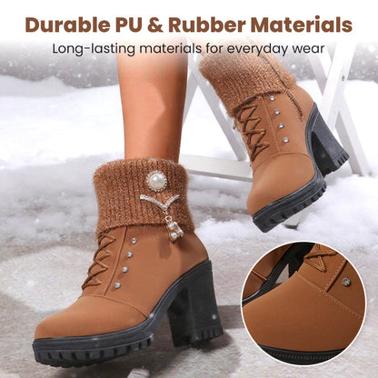 👢 Bottines Femme à Talon Épais - Intérieur Doublé de Fausse Fourrure, Semelle Antidérapante - Style Élégant pour Toutes Occasions