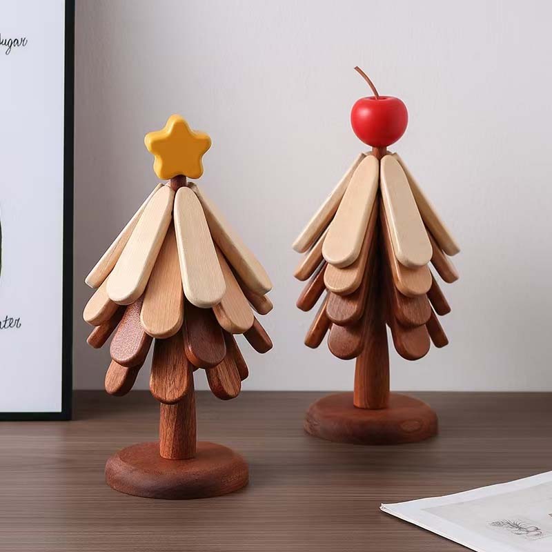 🎁Offre de Noël 🎄 Dessous de Plat en Bois Forme Arbre - Étoile ou Pomme, Bois Naturel - Protection contre la Chaleur, Objet Décoratif Élégant