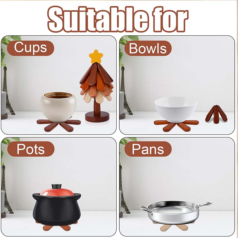 🎁Offre de Noël 🎄 Dessous de Plat en Bois Forme Arbre - Étoile ou Pomme, Bois Naturel - Protection contre la Chaleur, Objet Décoratif Élégant