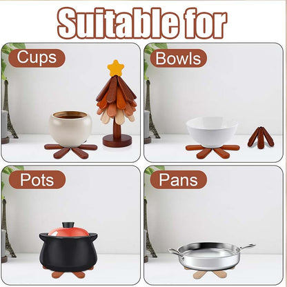 🎁Offre de Noël 🎄 Dessous de Plat en Bois Forme Arbre - Étoile ou Pomme, Bois Naturel - Protection contre la Chaleur, Objet Décoratif Élégant