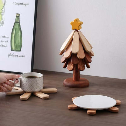 🎁Offre de Noël 🎄 Dessous de Plat en Bois Forme Arbre - Étoile ou Pomme, Bois Naturel - Protection contre la Chaleur, Objet Décoratif Élégant