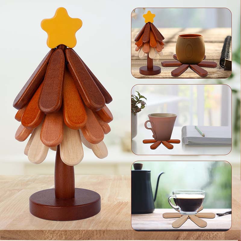🎁Offre de Noël 🎄 Dessous de Plat en Bois Forme Arbre - Étoile ou Pomme, Bois Naturel - Protection contre la Chaleur, Objet Décoratif Élégant