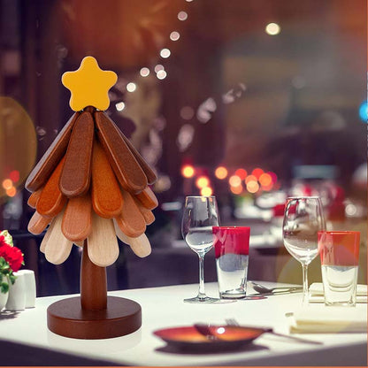 🎁Offre de Noël 🎄 Dessous de Plat en Bois Forme Arbre - Étoile ou Pomme, Bois Naturel - Protection contre la Chaleur, Objet Décoratif Élégant