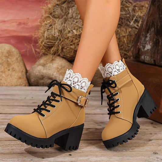 ⏳ Offre à durée limitée -50% ⏰ Bottes cheville à talon bloc avec empiècement dentelle 👢