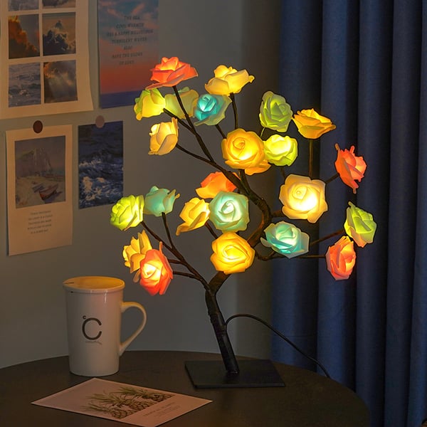 🌹✨Veilleuse arbre avec motif fleur de rose, lampe de table alimentée par USB