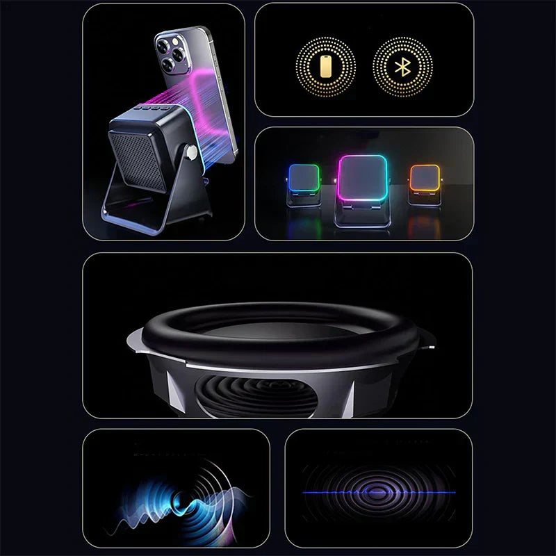 🔥VENTE LIMITÉE 50 % DE RÉDUCTION🔥🎵 Enceinte 5-en-1 avec support téléphone – Son par induction, recharge et lumière d’ambiance, tout en un !