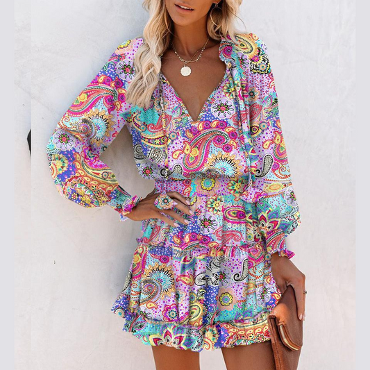 💃Robe mini col V femme – MANCHES LONGUES, OURLET À VOLANTS et tissu stretch ajusté pour une allure élégante✨