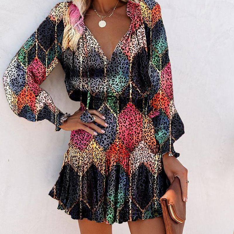 💃Robe mini col V femme – MANCHES LONGUES, OURLET À VOLANTS et tissu stretch ajusté pour une allure élégante✨