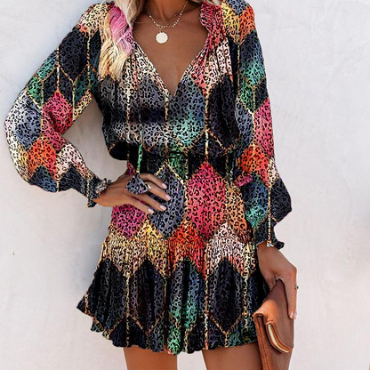 💃Robe mini col V femme – MANCHES LONGUES, OURLET À VOLANTS et tissu stretch ajusté pour une allure élégante✨