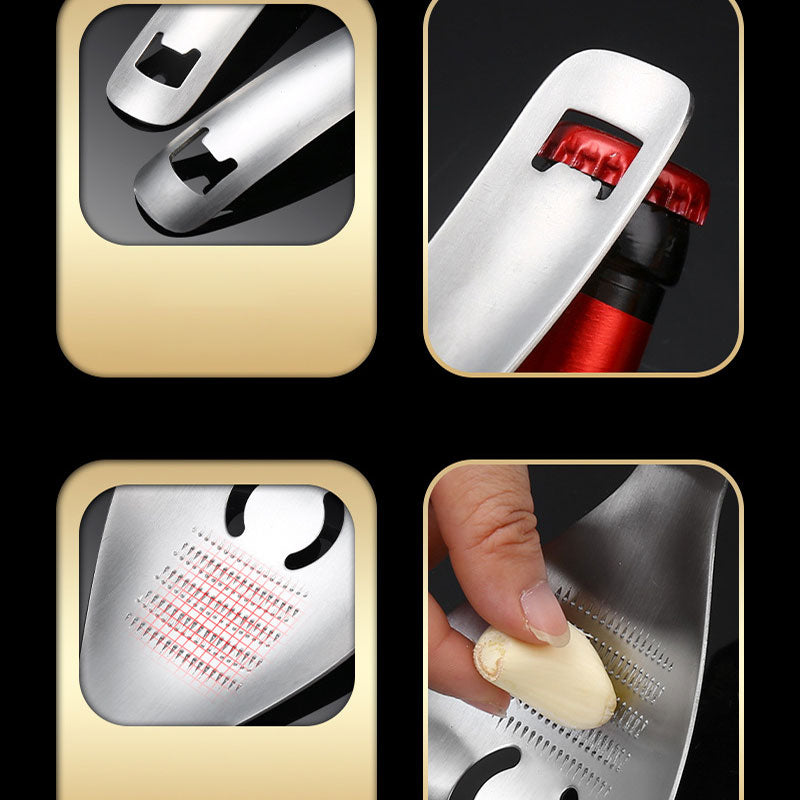 🥄 50% DE RÉDUCTION! 🍳 Cuillère de Cuisine Multifonction 5-en-1 – Inox 304/430, filtre, broie & ouvre-bouteille – 23,5 cm – L'outil idéal pour votre cuisine ✨