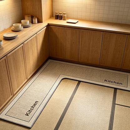🎉50% DE RÉDUCTION ! 🧉💧 Tapis de Sol de Cuisine Antidérapant Séchage Rapide en L — Absorbe Eau & Huile, Ne Glisse Pas, Confort Optimal pendant la Cuisine. 🏠