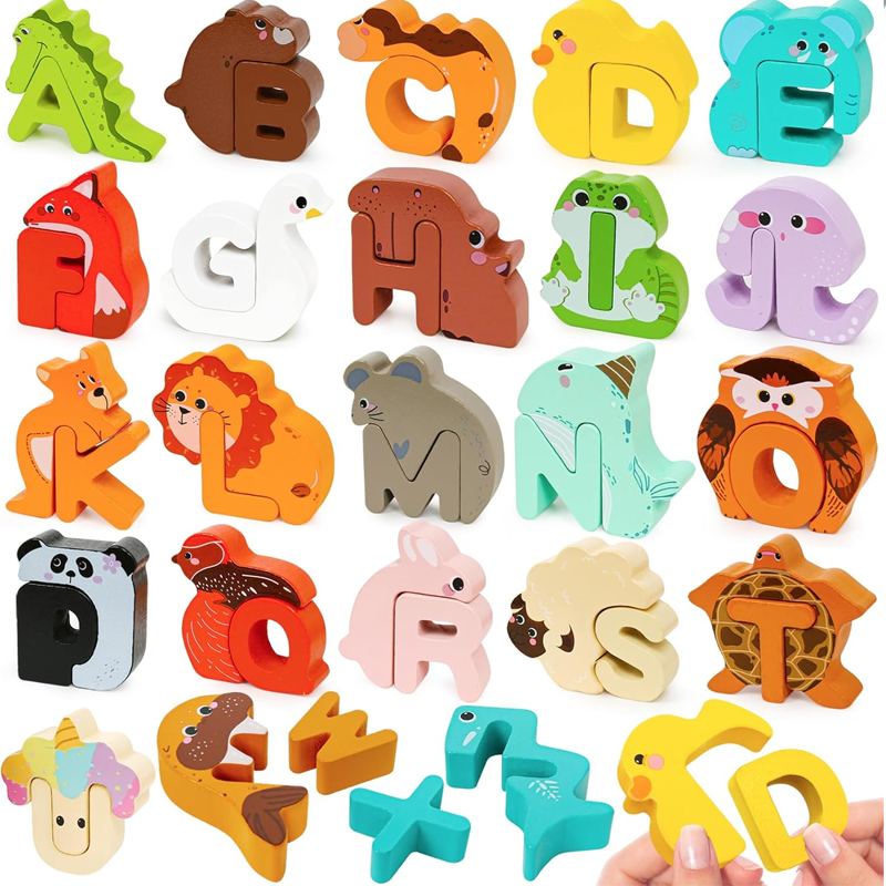🧩🌳 Jouet d’association lettres et animaux en bois – Bords lisses, pièces faciles à saisir, apprendre l’alphabet en s’amusant dès le plus jeune âge 🎨👶