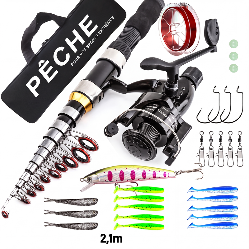 🎣🎒 Kit de pêche de voyage – Équipement complet, canne télescopique, sac de transport, partez pêcher partout, du lac au bord de mer, avec tout le nécessaire sous la main 🐟✨