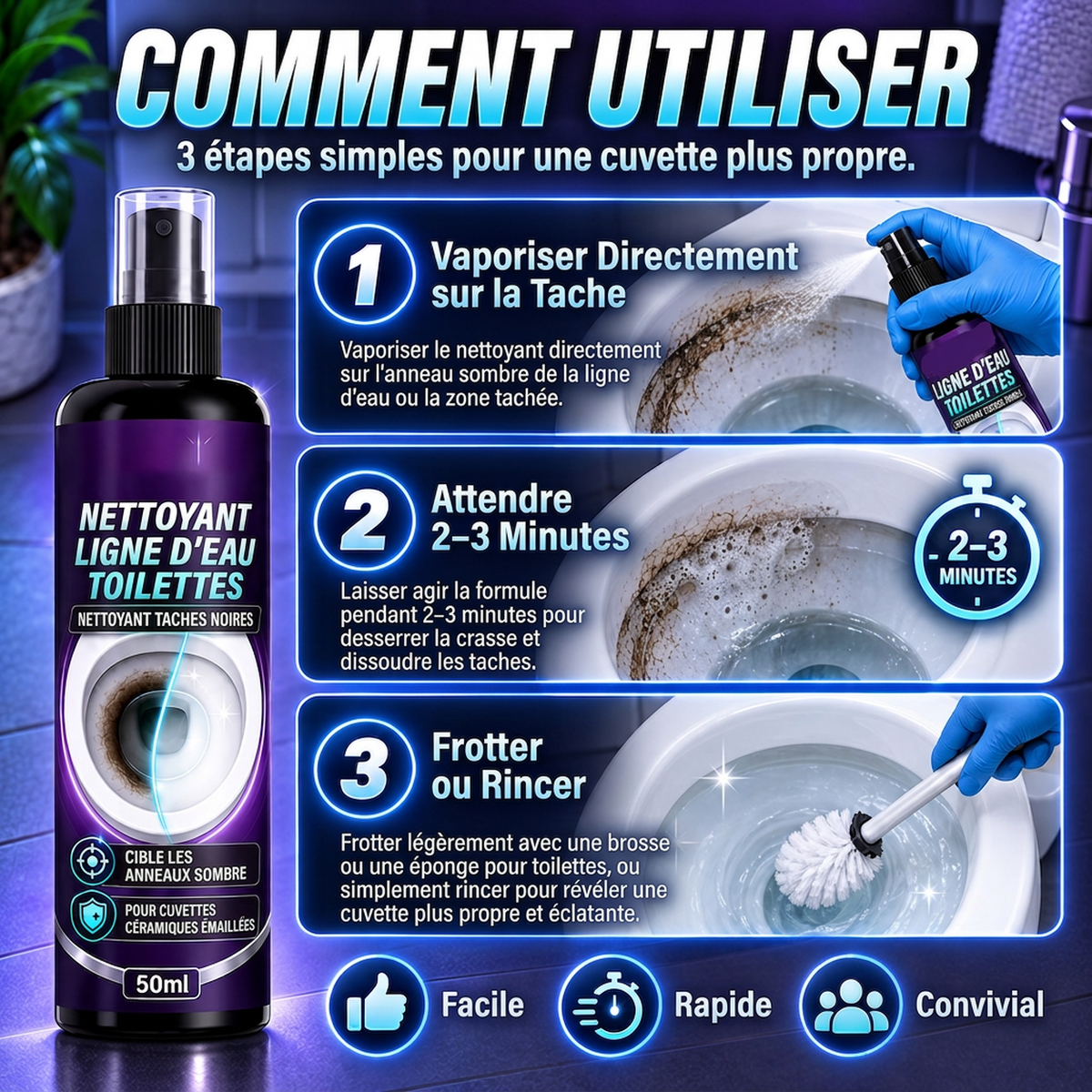 Spray nettoyant pour la ligne d'eau des cuvettes de toilettes