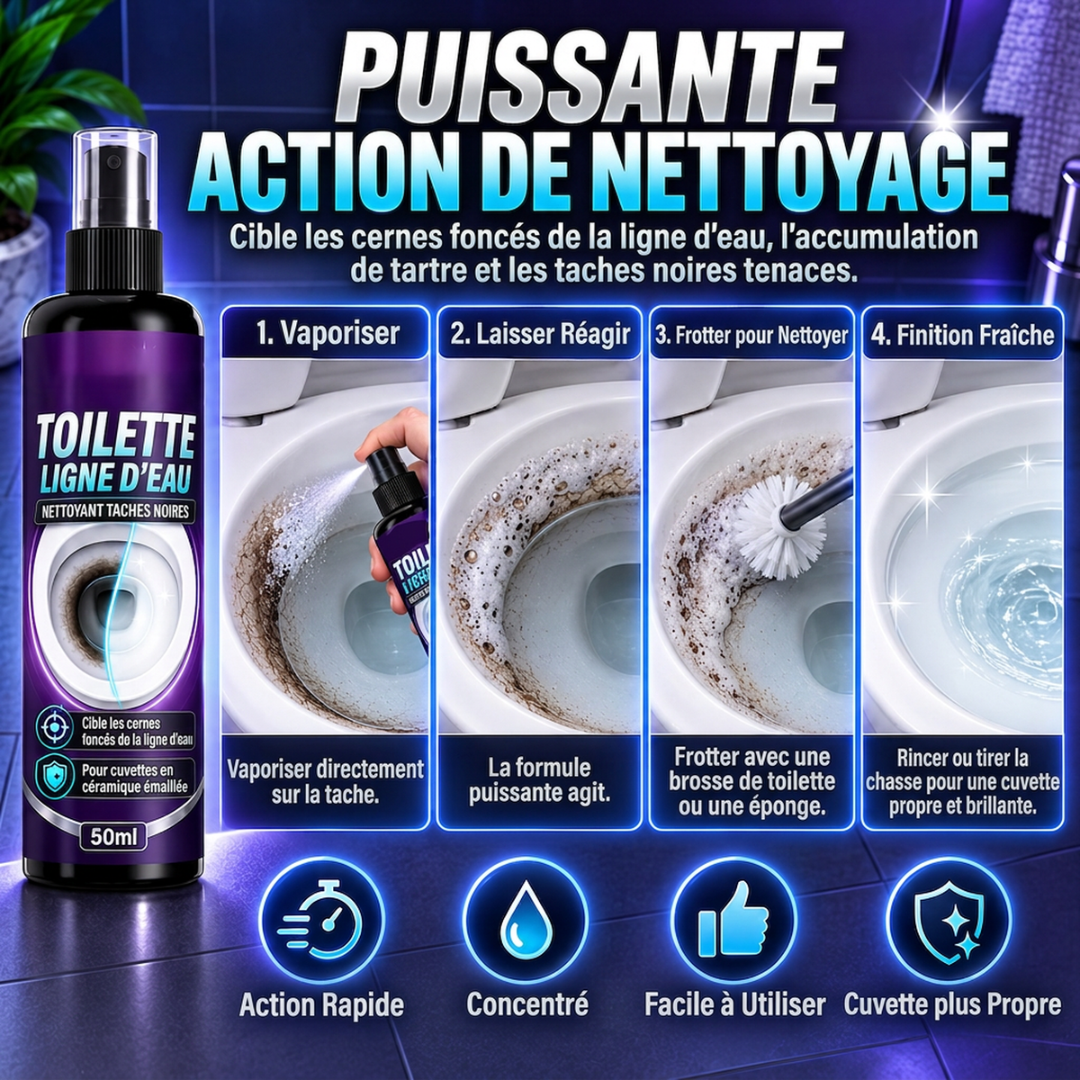 Spray nettoyant pour la ligne d'eau des cuvettes de toilettes