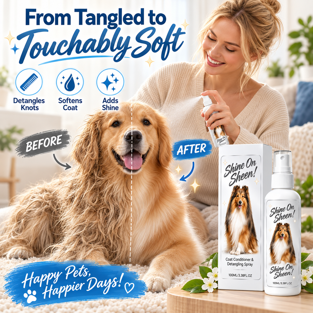 🐾✨ Spray démêlant et revitalisant pour le pelage des animaux de compagnie – Idéal pour les chiens et les chats, sans rinçage et facile à utiliser 🧴