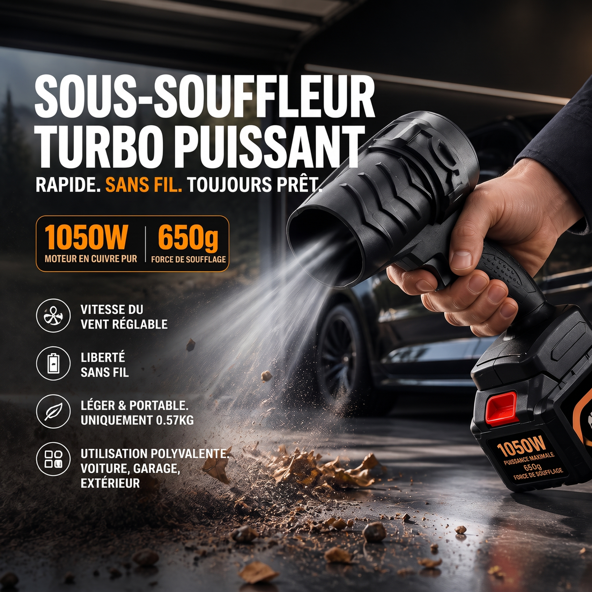 📢 30% de Réduction – Souffleur d'Air Sans Fil Turbo 1050 W Moteur Cuivre 21V pour Séchage Voiture, Jardin et Atelier