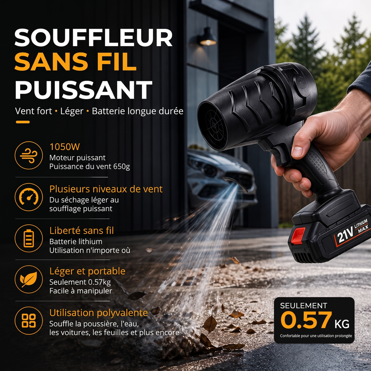 📢 30% de Réduction – Souffleur d'Air Sans Fil Turbo 1050 W Moteur Cuivre 21V pour Séchage Voiture, Jardin et Atelier