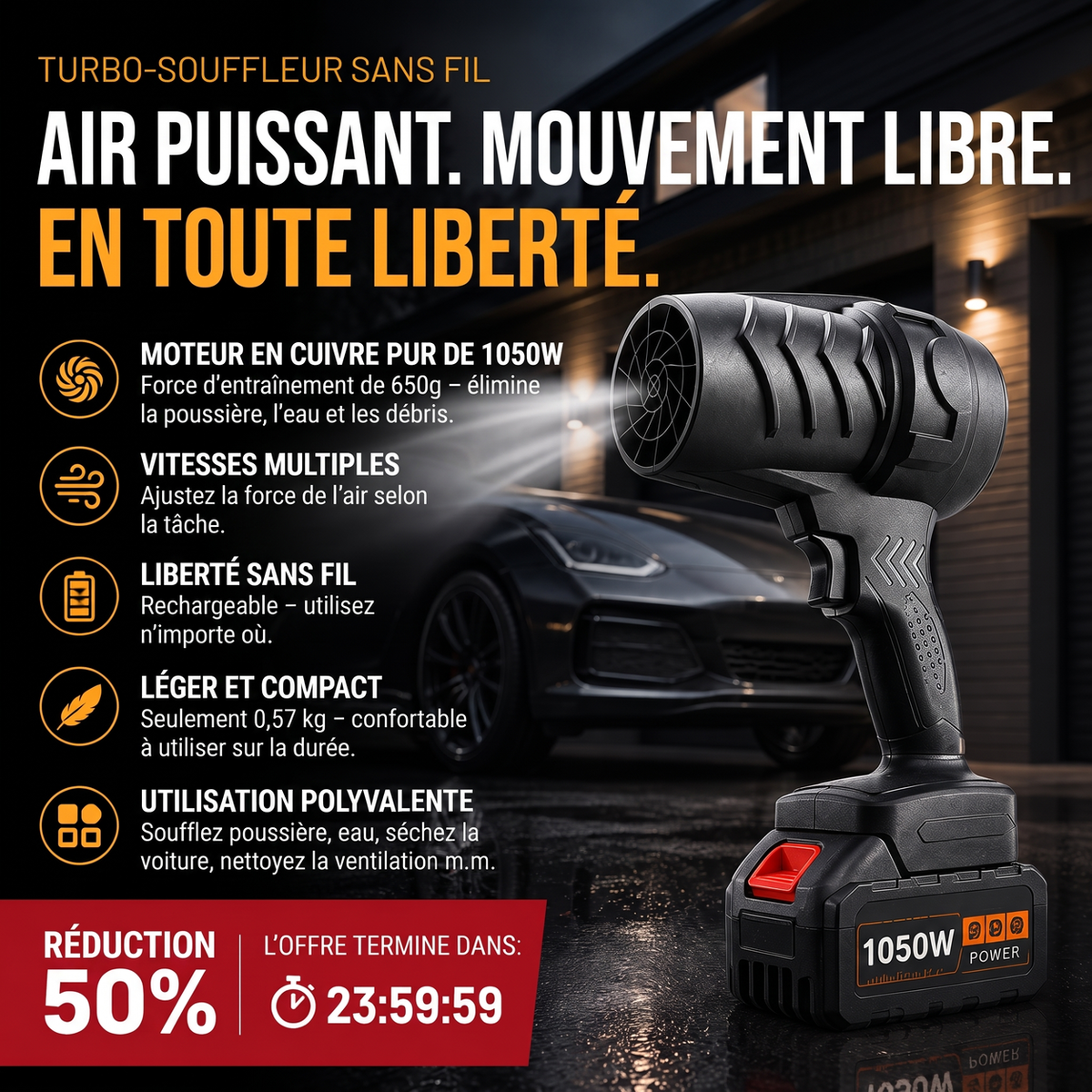 📢 30% de Réduction – Souffleur d'Air Sans Fil Turbo 1050 W Moteur Cuivre 21V pour Séchage Voiture, Jardin et Atelier